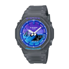 G-Shock watch with blue and purple face on a white background