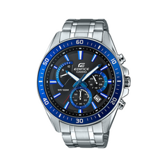 A Casio Edifice analog watch with a stainless steel band and a blue and black dial, including a stopwatch display and a date function.