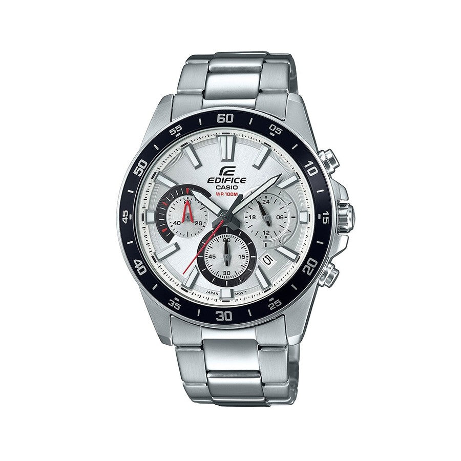 A Casio Edifice EFV-570D-7AVUDF watch with a stainless steel band and a silver-colored case featuring a white dial, multiple sub-dials, and a date display.
