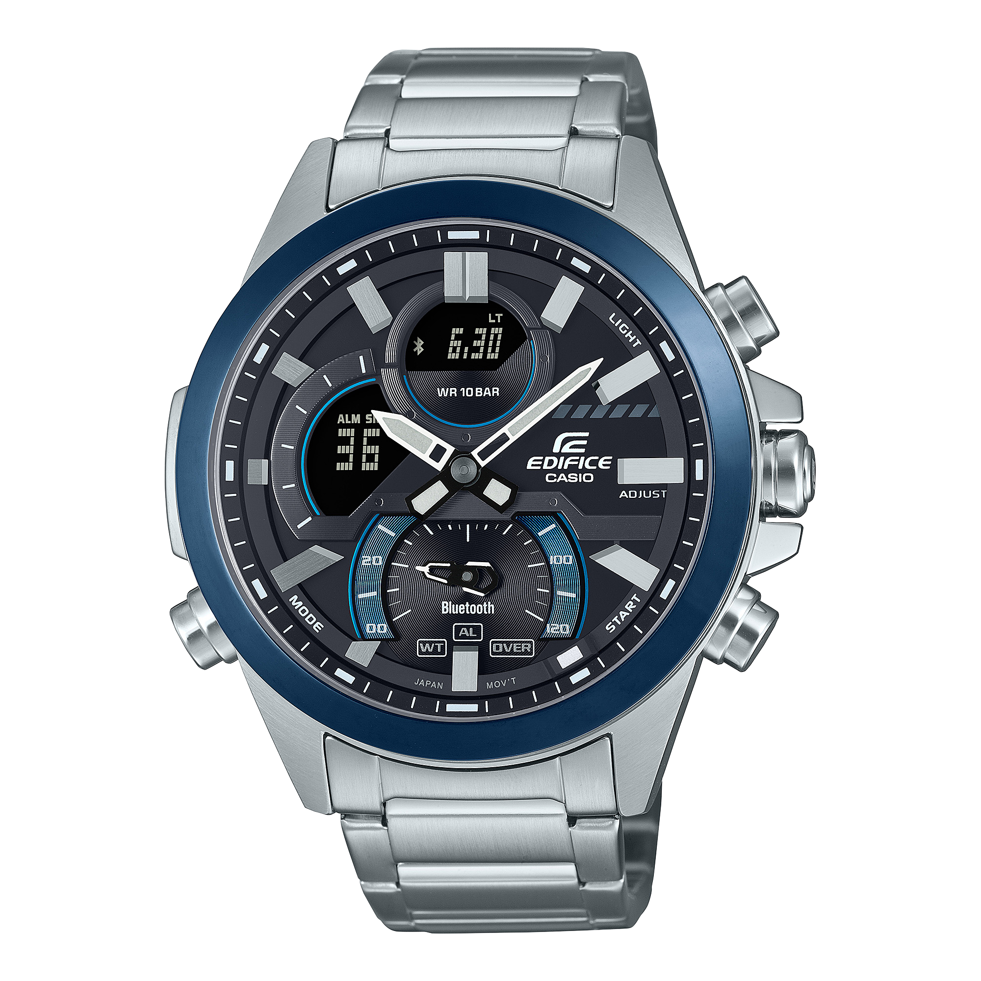 A Casio Edifice ECB-30DB-1ADF watch with a blue ion-plated bezel, digital display, and stainless steel band.