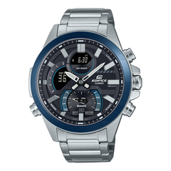 A Casio Edifice ECB-30DB-1ADF watch with a blue ion-plated bezel, digital display, and stainless steel band.