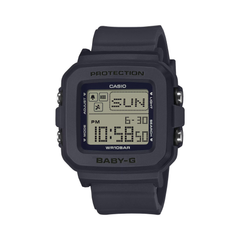 Black Casio digital watch on a white background