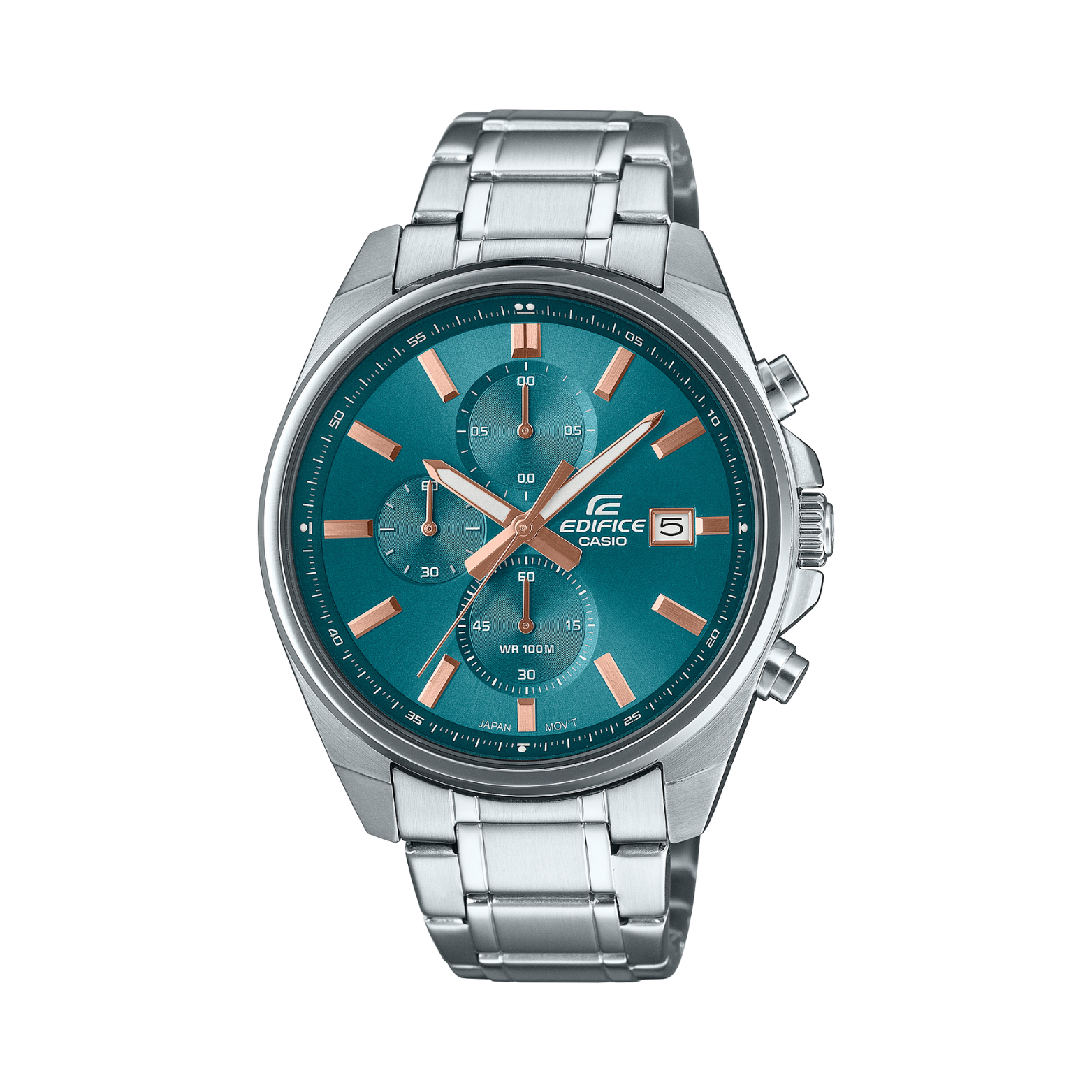 Silver Casio Edifice watch with a blue face on a white background