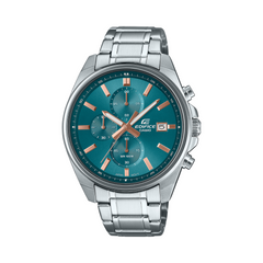 Silver Casio Edifice watch with a blue face on a white background