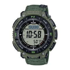 Green Casio Pro Trek digital watch on a white background
