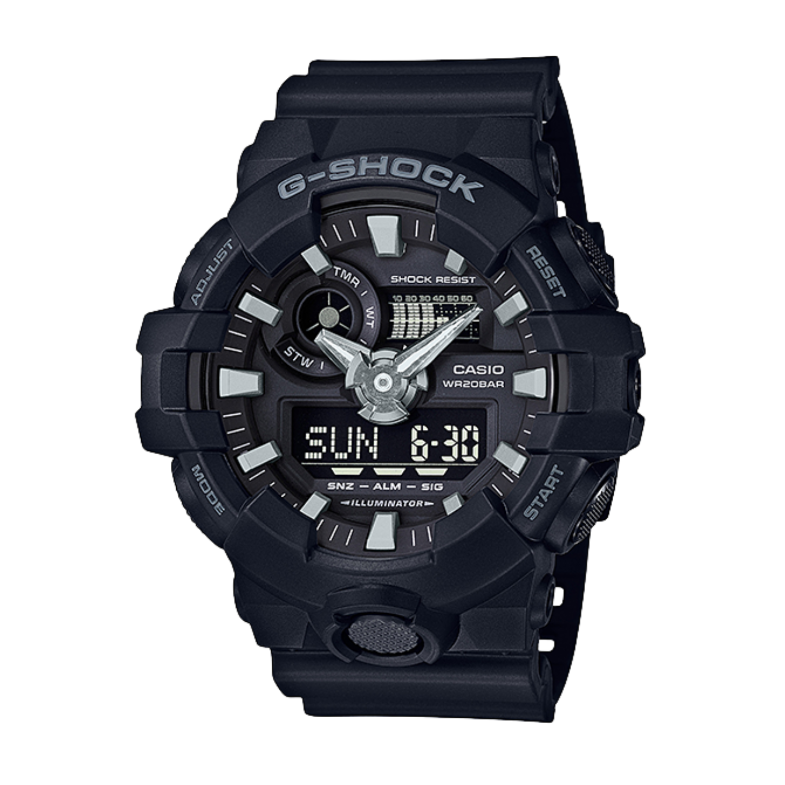 A black CASIO G-SHOCK analog-digital watch with a resin band and a digital display showing the time.