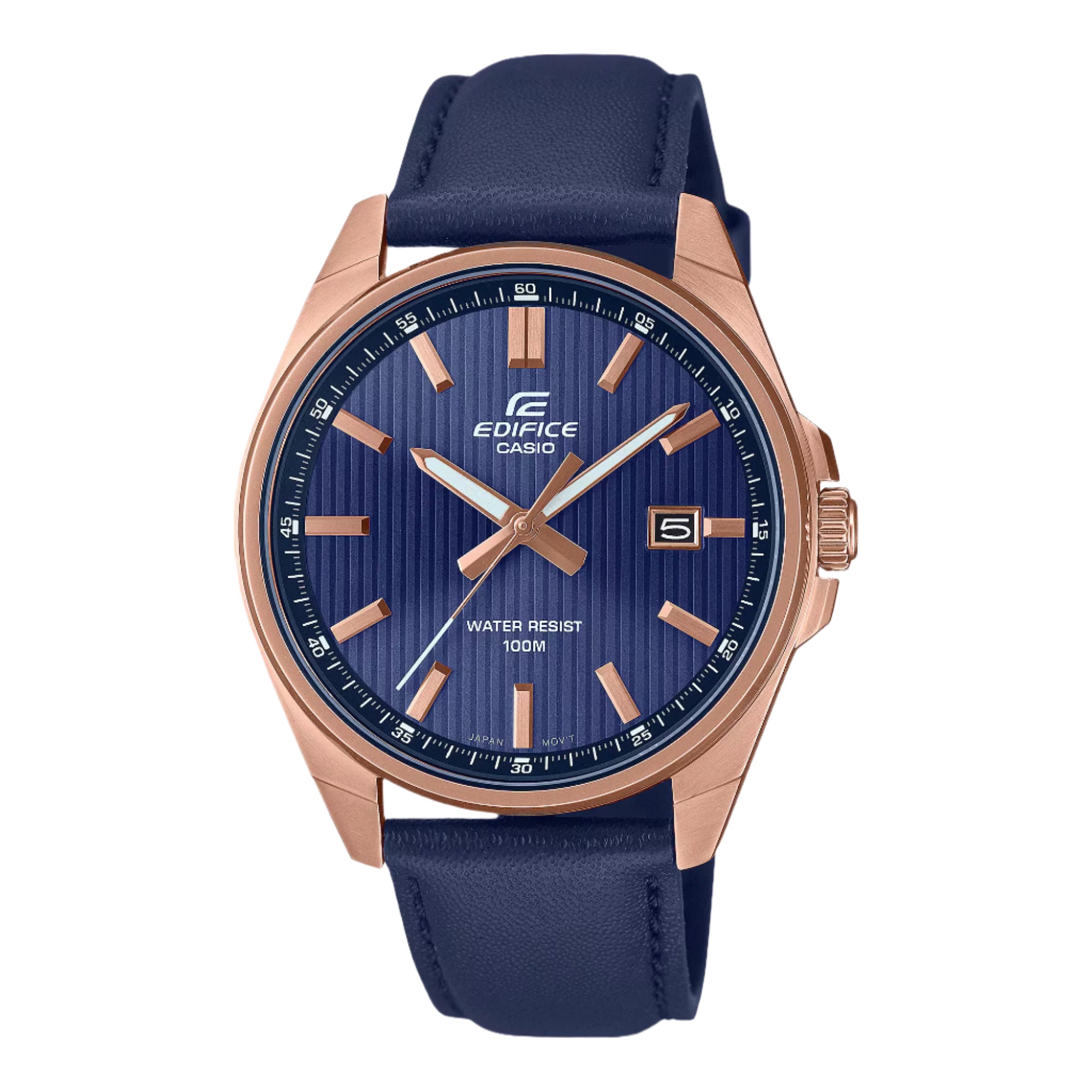A Casio Edifice analog watch with a blue leather band and rose gold case, featuring a date display and screw lock back.