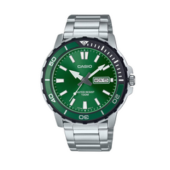 A CASIO analog watch with a green dial and a stainless steel band and case.