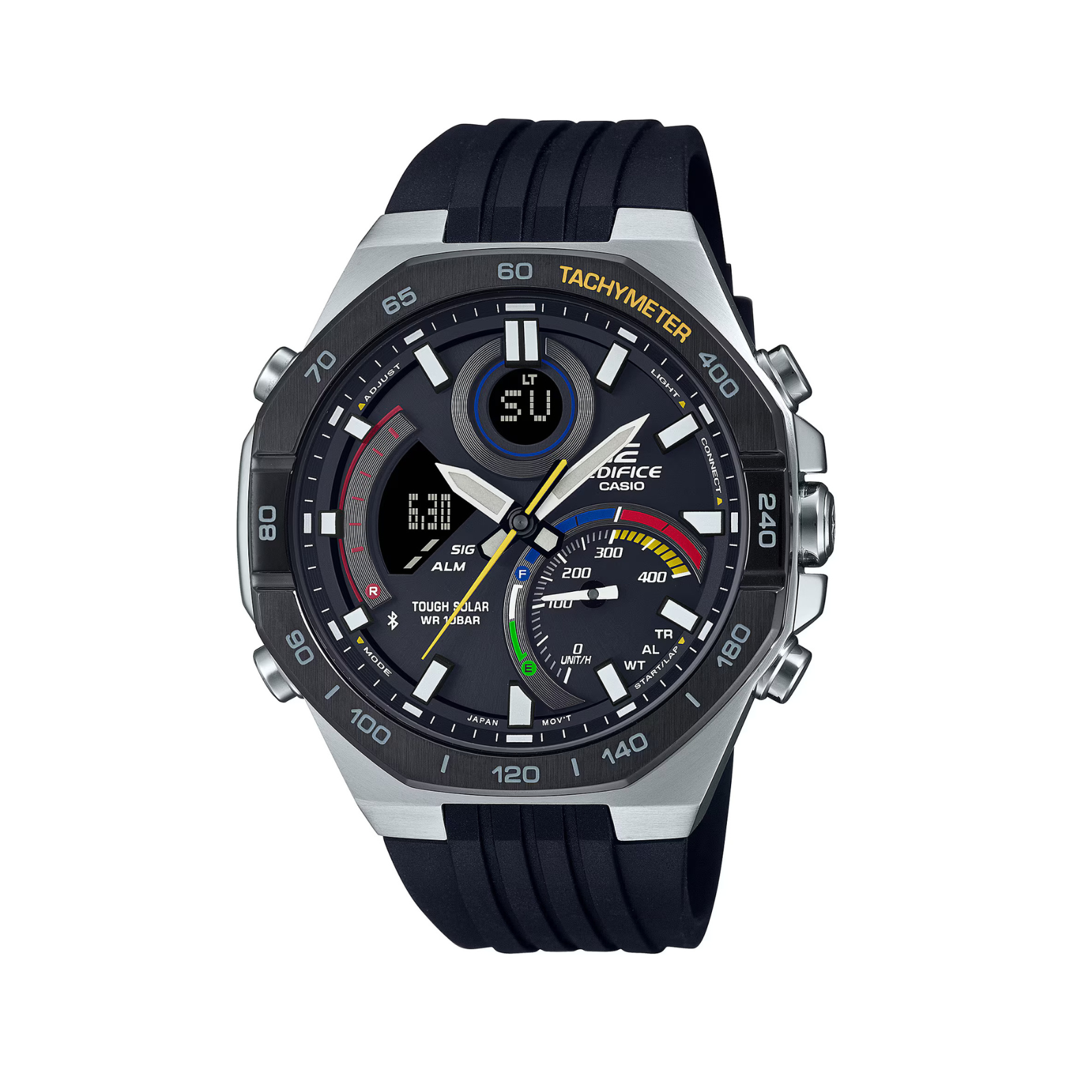 A Casio Edifice ECB-950MP-1ADF watch with a black band, a black case, and a digital display showing time, date, and various watch features.