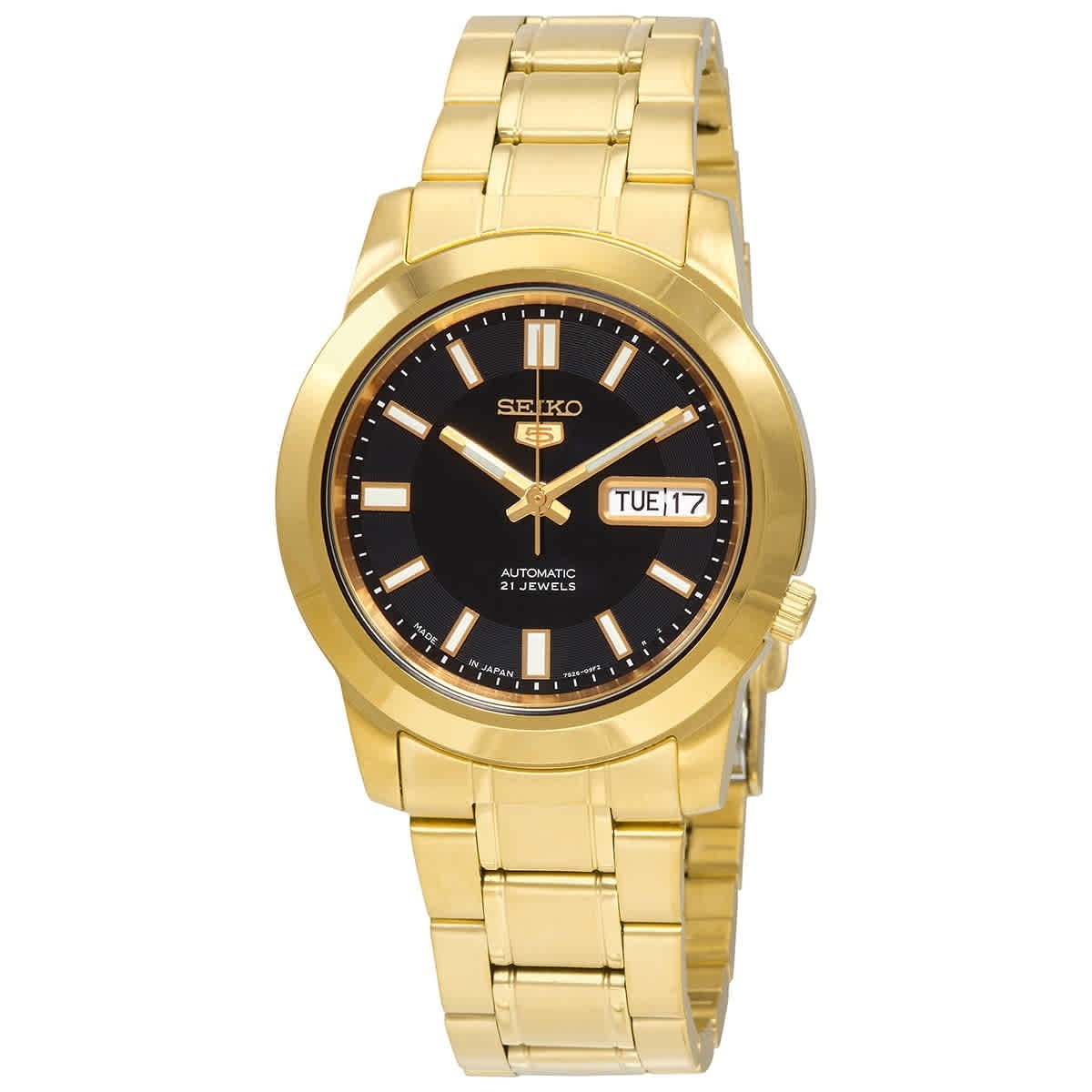 A gold-colored Seiko watch with a black dial and a day and date display.