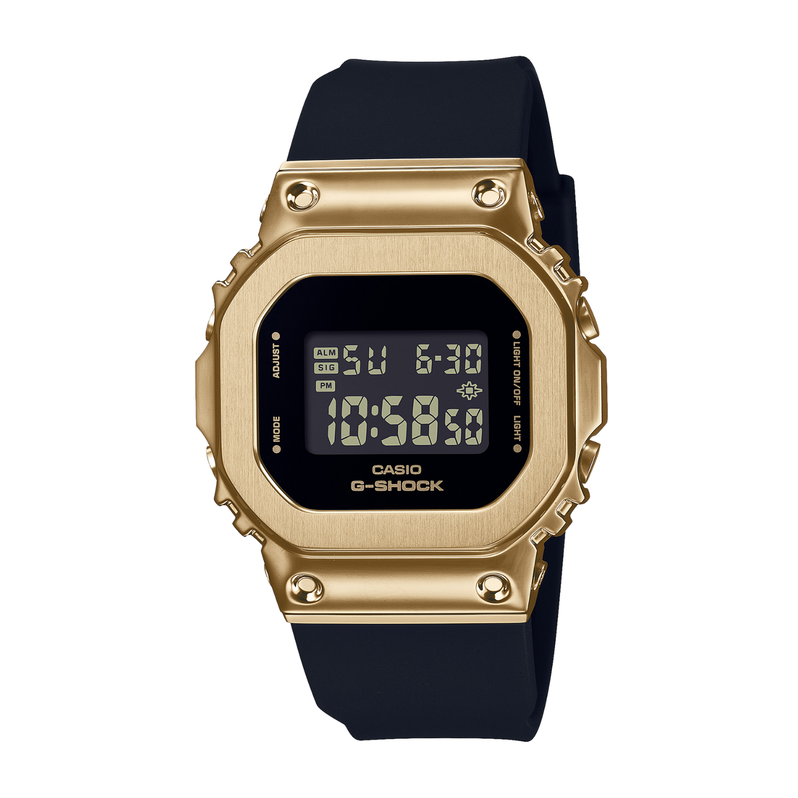 A digital Casio G-Shock watch with a gold ion plated bezel and a black resin band, displaying time and various watch features on its digital screen.