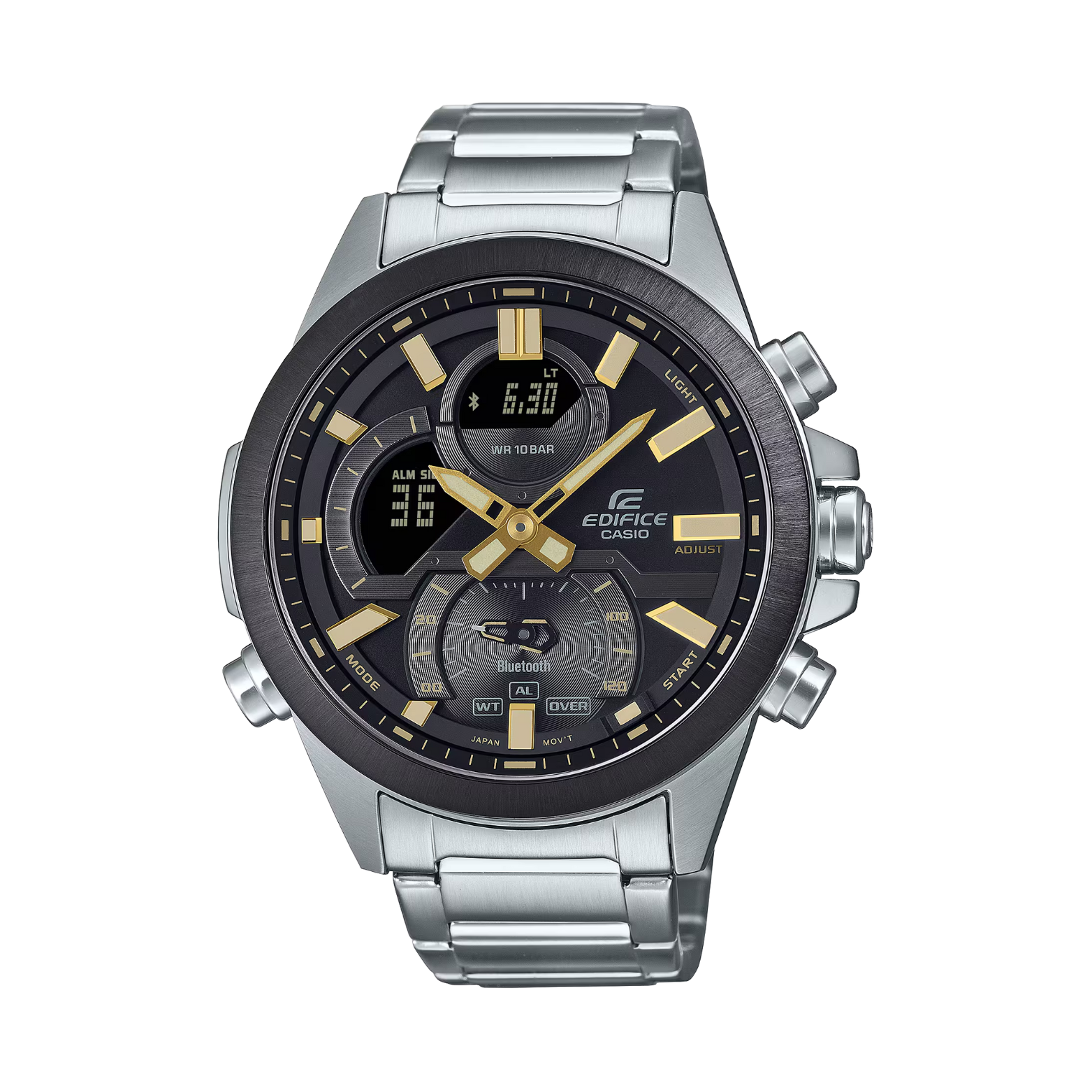 Silver and black Casio Edifice watch on a white background