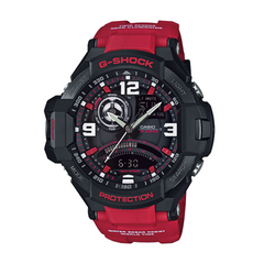 A Casio G-Shock GA-1000-4BDR watch with a black case, red band, and digital display featuring a variety of functions.