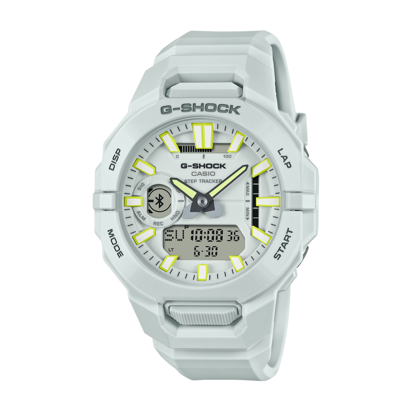 White G-Shock Casio watch with digital display on a white background