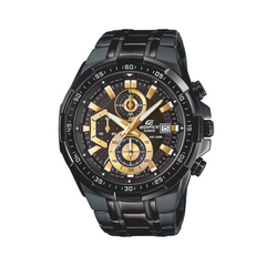 A black CASIO EDIFICE analog watch with a black ion-plated case and band, featuring a black dial with gold accents, a stopwatch, and a date display.