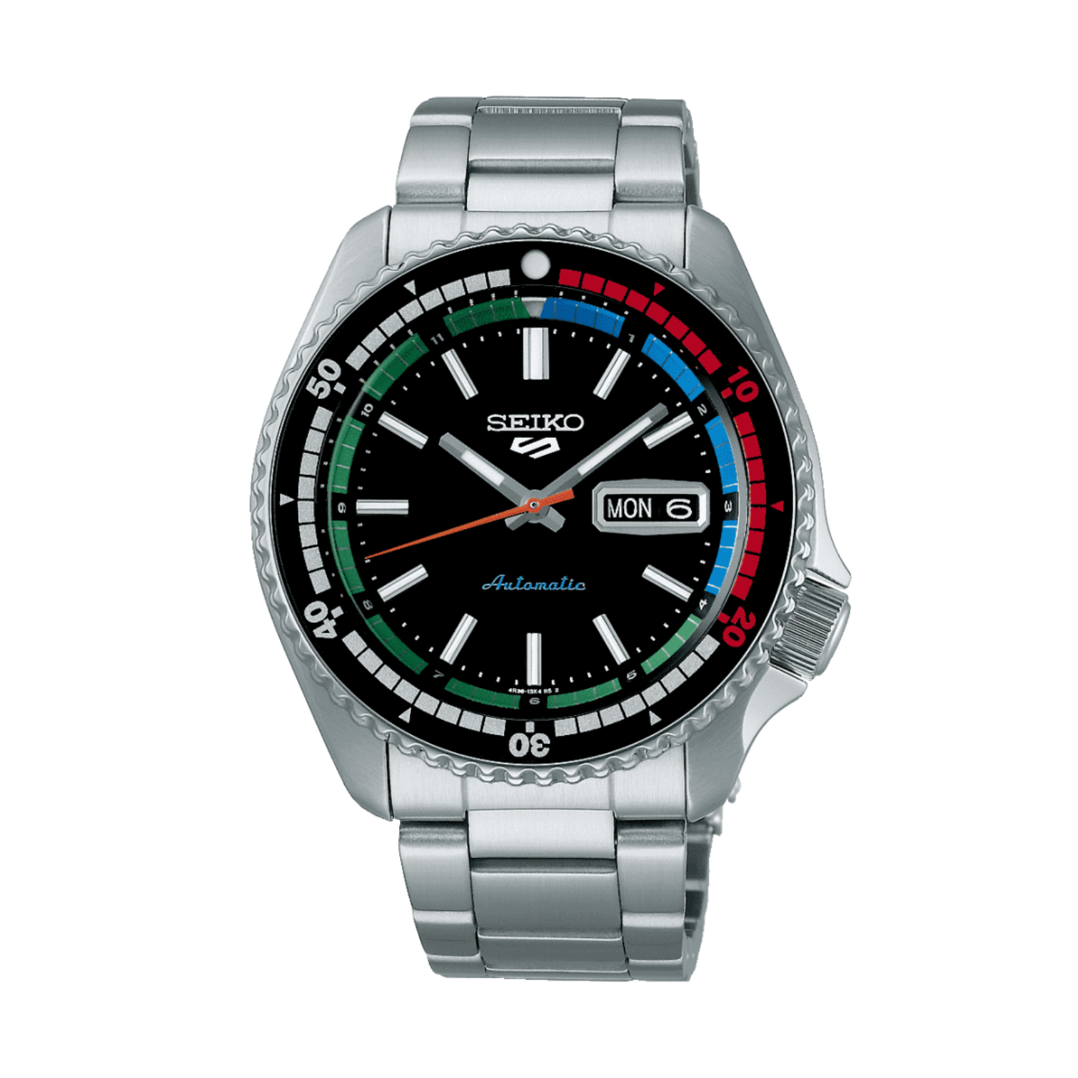 A Seiko automatic watch with a silver stainless steel bracelet and a black analog dial featuring luminous hands and a day and date display.