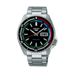 A Seiko automatic watch with a silver stainless steel bracelet and a black analog dial featuring luminous hands and a day and date display.