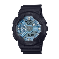 A black CASIO G-SHOCK watch with a blue-detailed dial and digital display features.