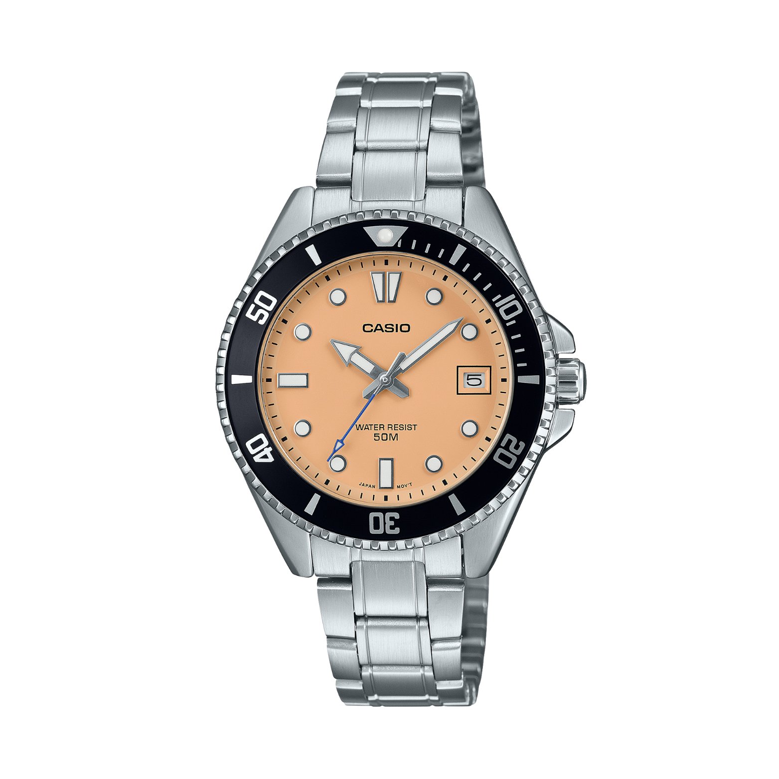 A Casio analog watch with a silver stainless steel band and case, featuring a orange dial and a black bezel.