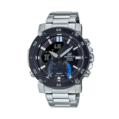 A Casio Edifice ECB-20DB-1A watch with a black dial, stainless steel band, and ion-plated case.