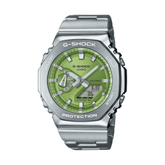 A CASIO G-SHOCK watch with a green dial, silver band, and stainless steel case.