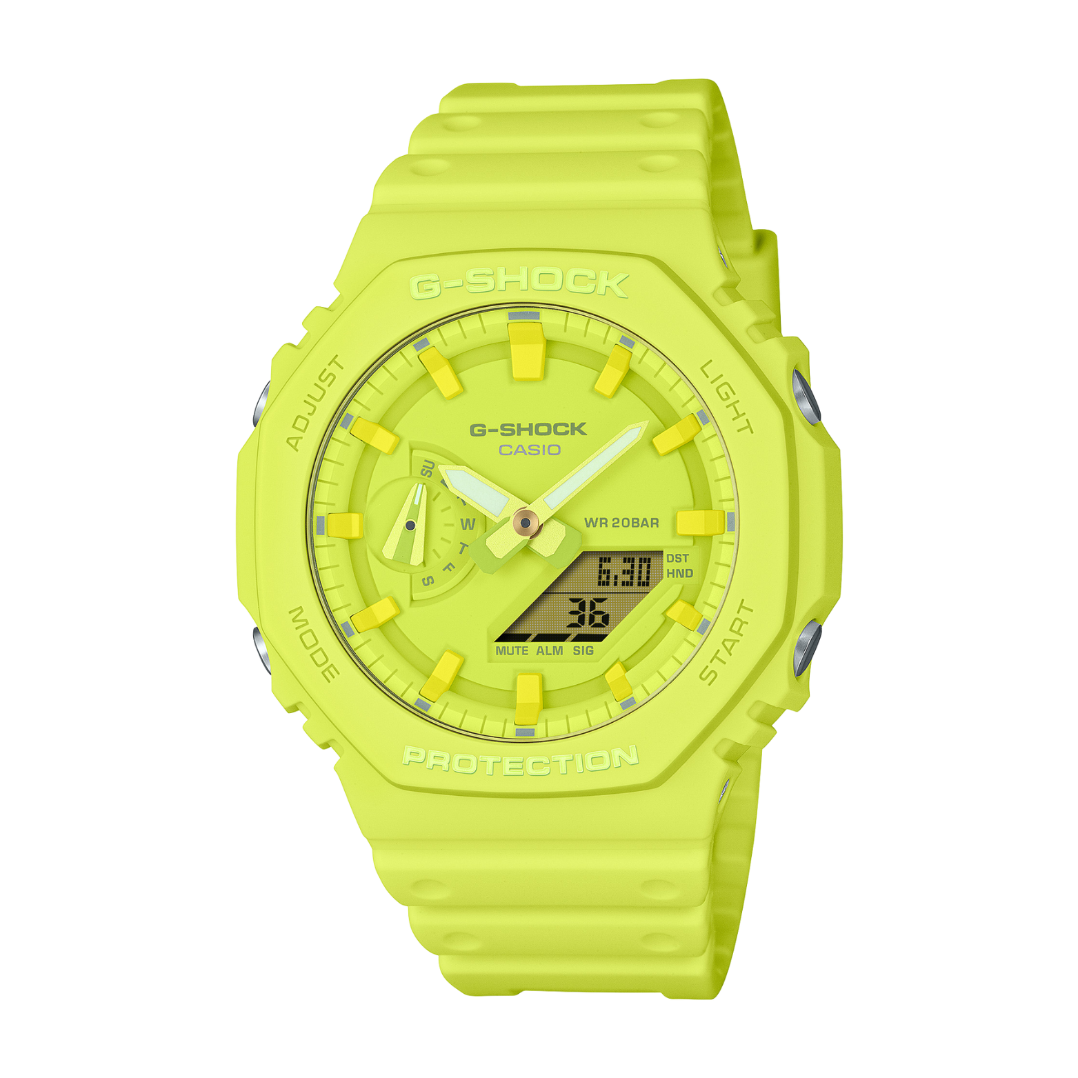 A green CASIO G-SHOCK watch with an analog-digital display, LED light, and a resin band.