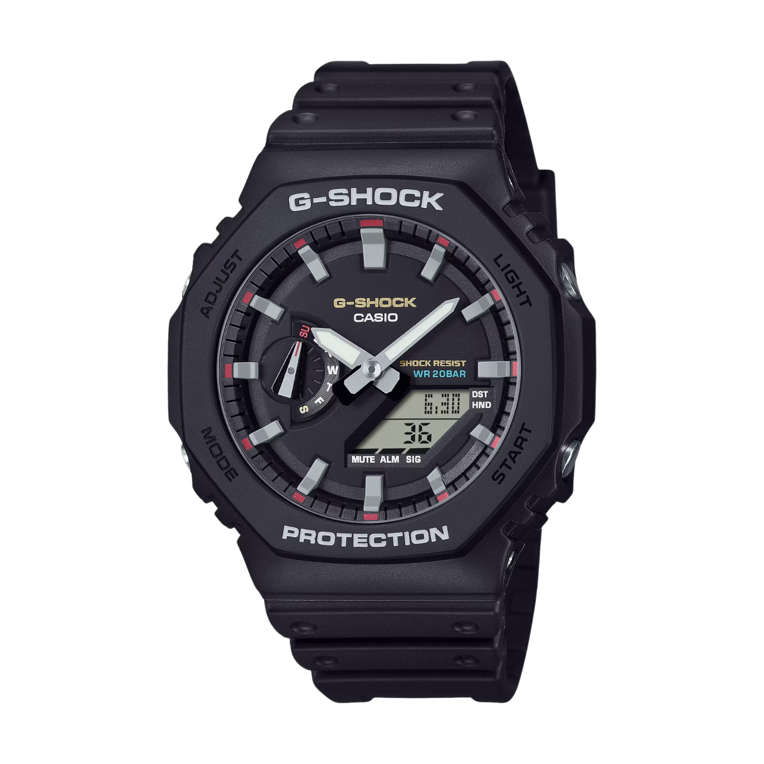 A black CASIO G-SHOCK GA-2100RL-1ADR watch with a digital display and analog hands, featuring a carbon and bio-based resin construction.