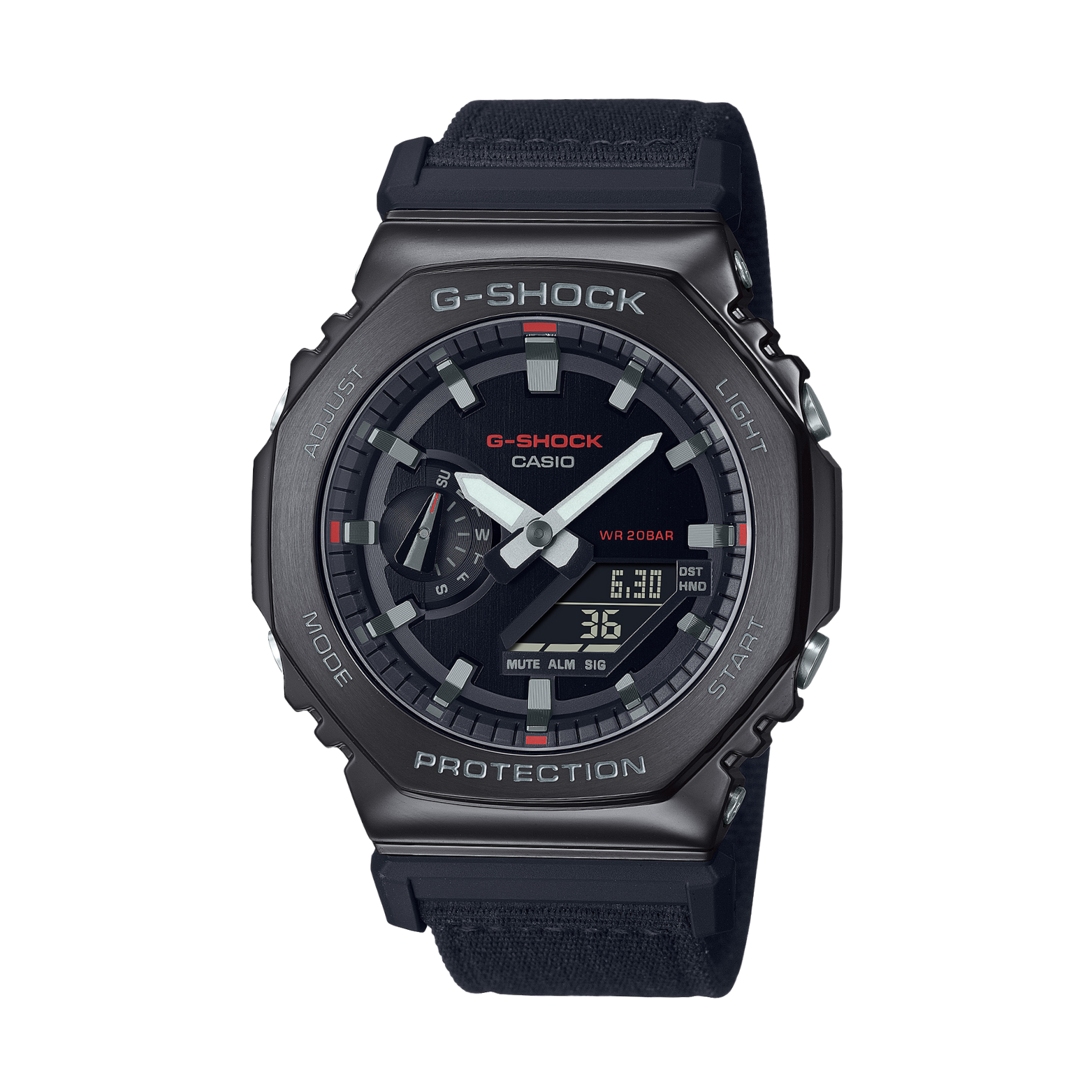 A black CASIO G-SHOCK watch with a digital display and analog hands, featuring a black band and ion-plated bezel.