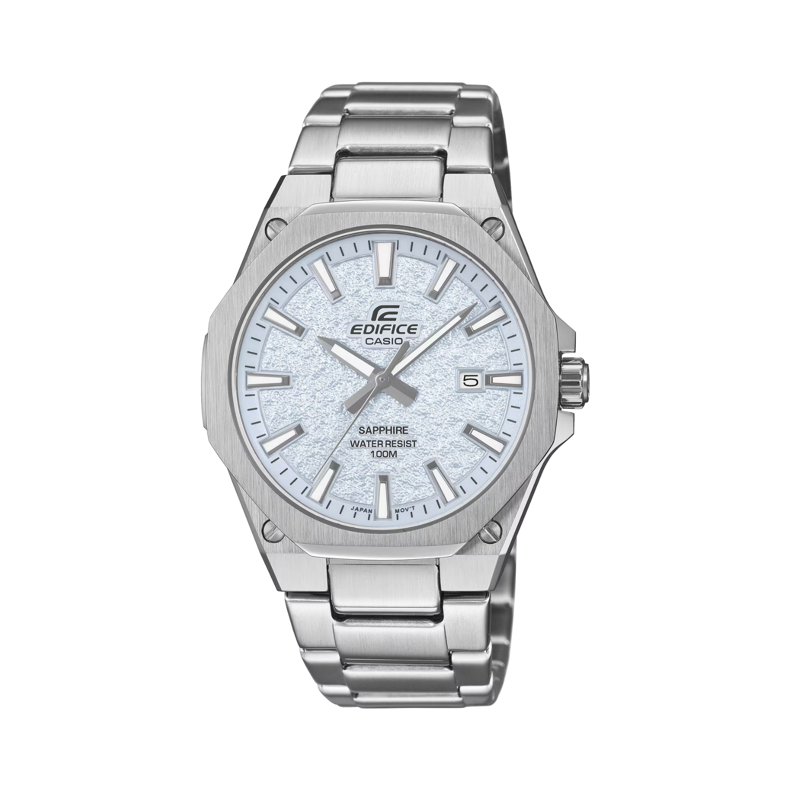 Silver Casio Edifice watch on a white background