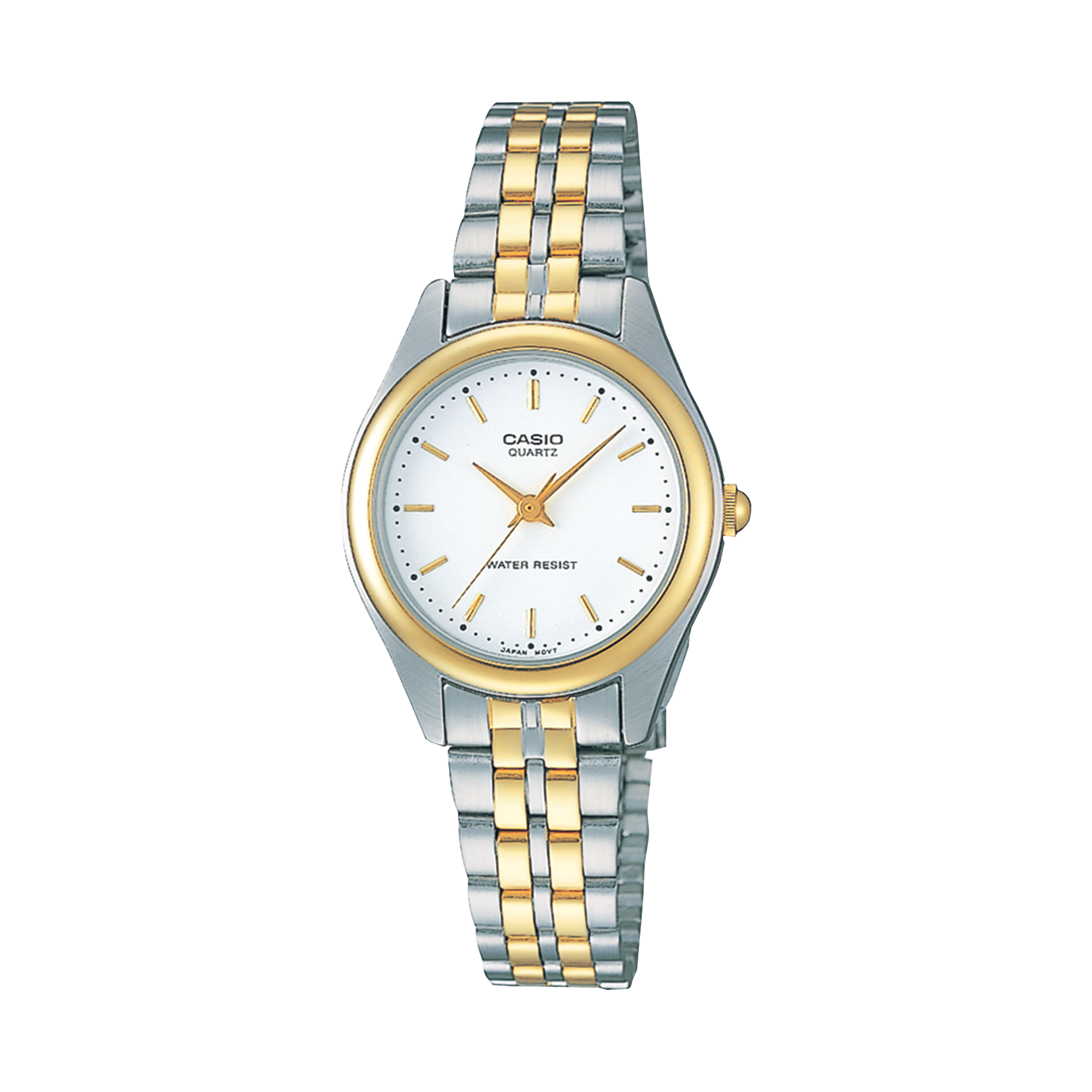 Two-tone Casio watch with silver and gold band on a white background