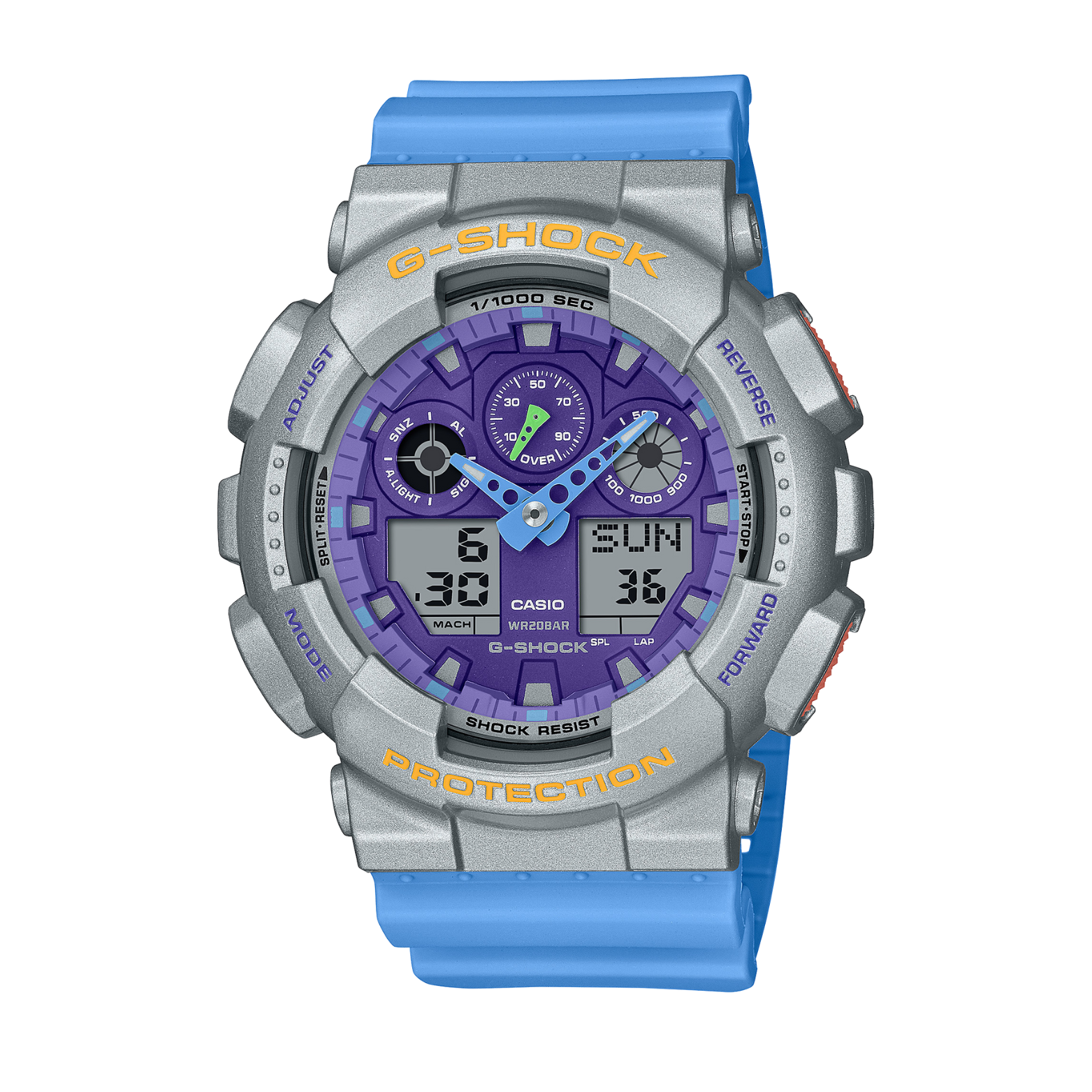 A CASIO G-SHOCK watch with a blue resin band and a grey case featuring a digital display with purple accents.