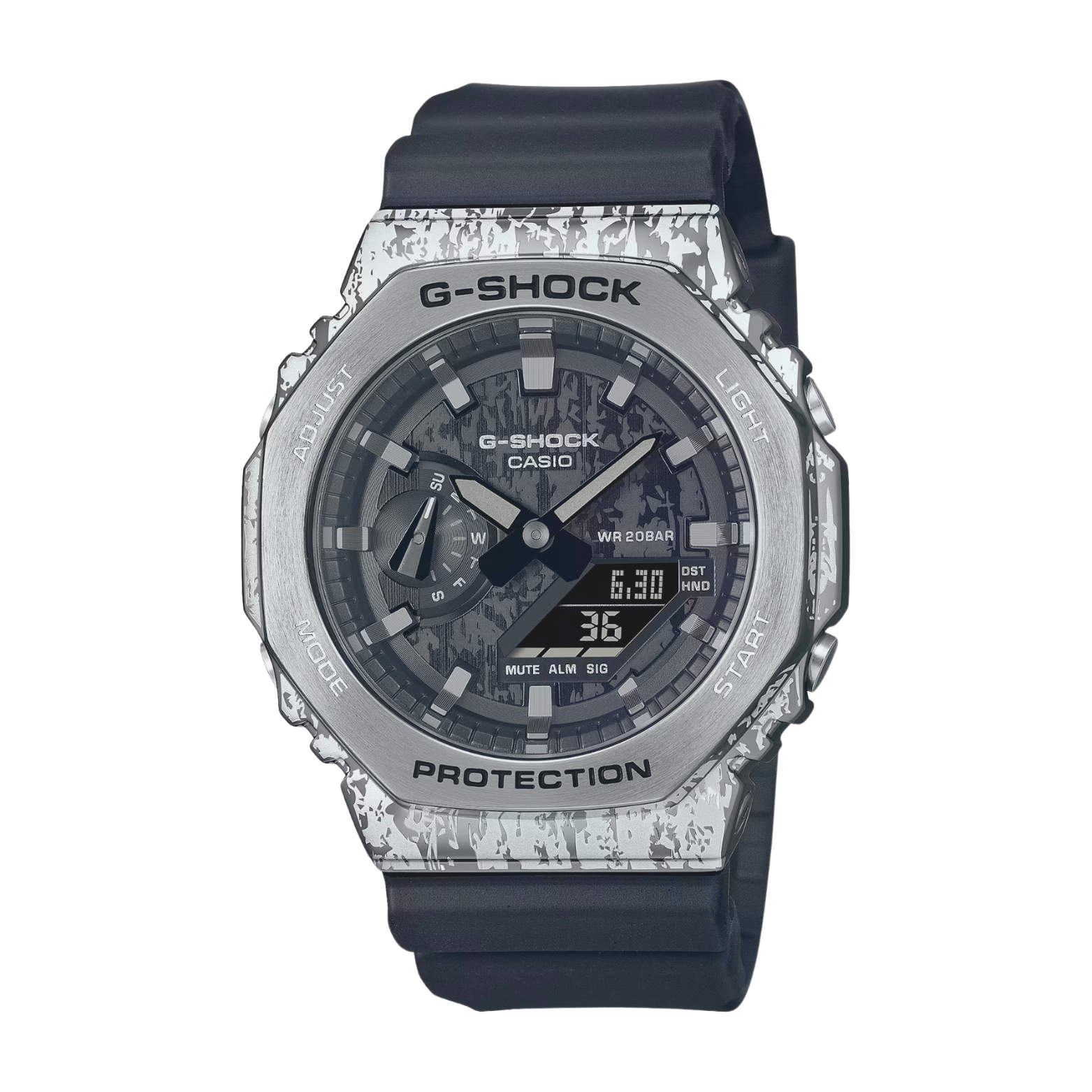 A Casio G-Shock watch with a black band and dial, featuring analog and digital display, with a gray textured case and protective screws on the bezel.