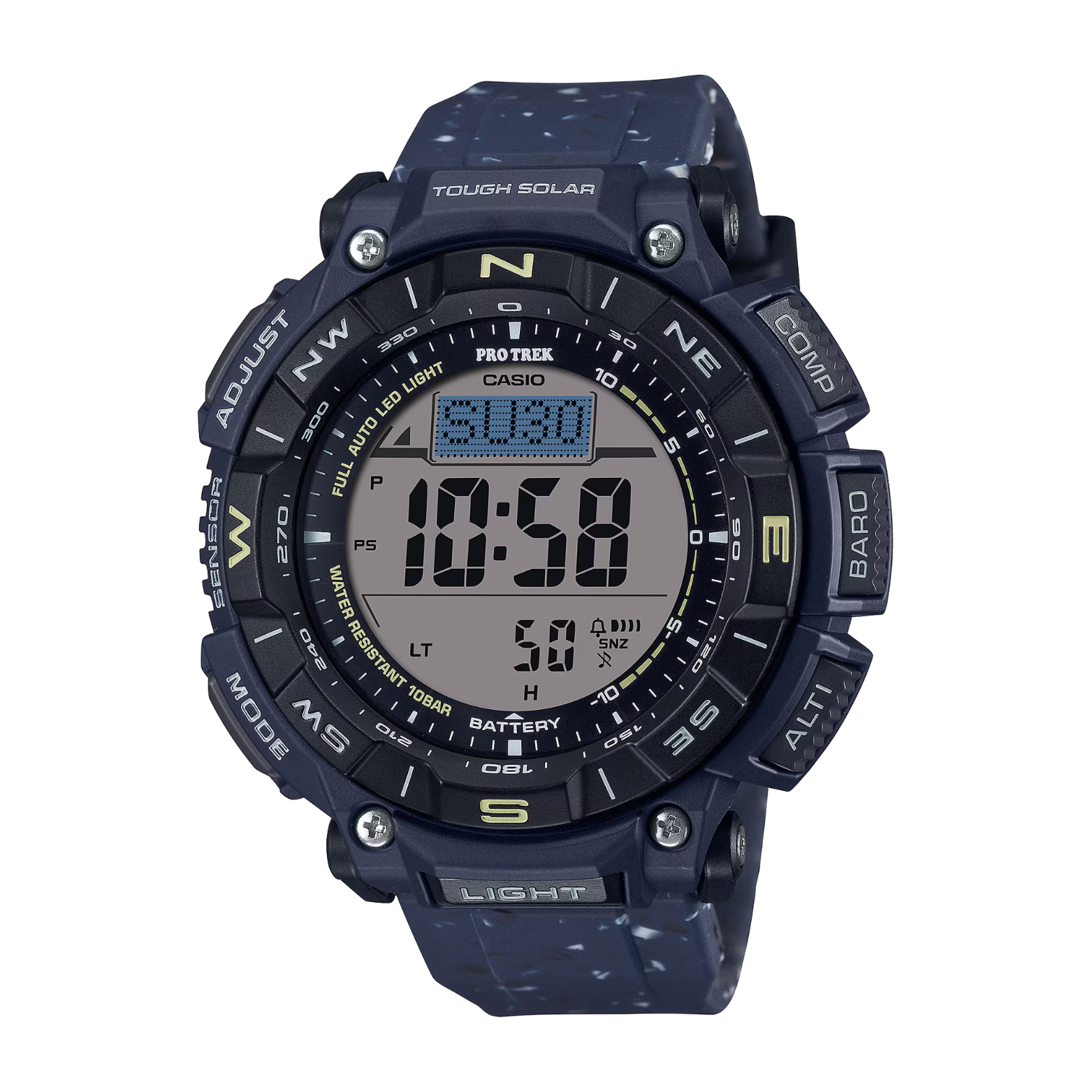 Casio Pro Trek watch with digital display on a white background