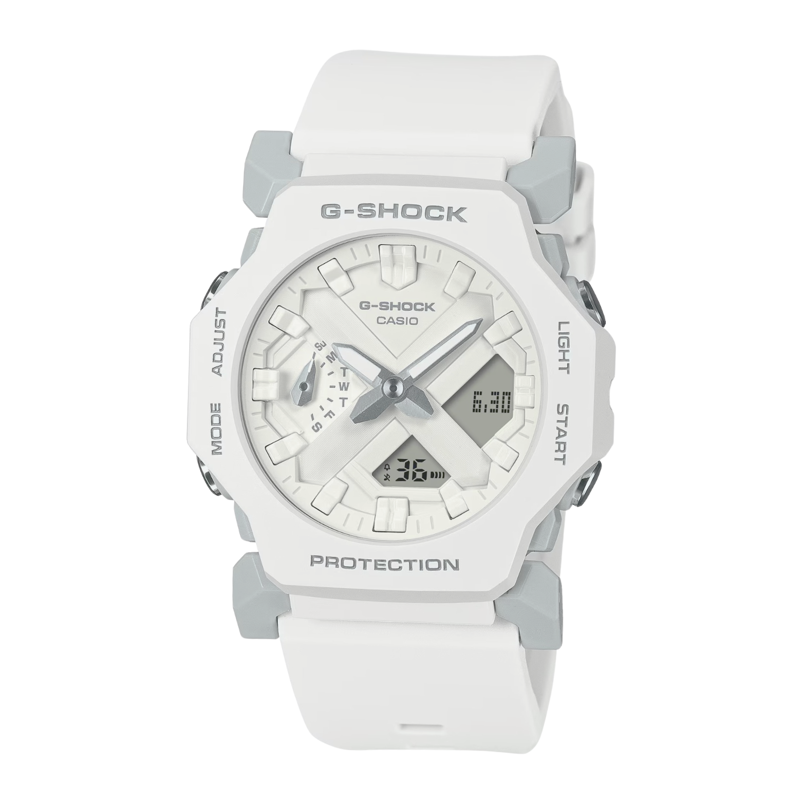 A white CASIO G-SHOCK GA-2300-7ADR watch with a resin band and digital display.