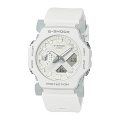 A white CASIO G-SHOCK GA-2300-7ADR watch with a resin band and digital display.