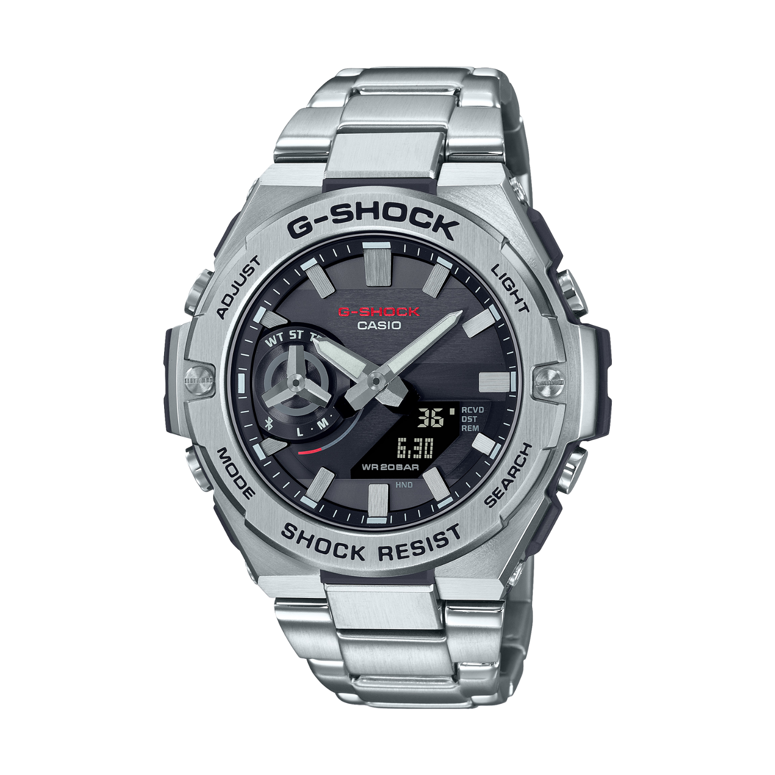 A CASIO G-SHOCK watch with a silver stainless steel band and casing, featuring a digital display and analog hands.