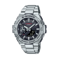A CASIO G-SHOCK watch with a silver stainless steel band and casing, featuring a digital display and analog hands.