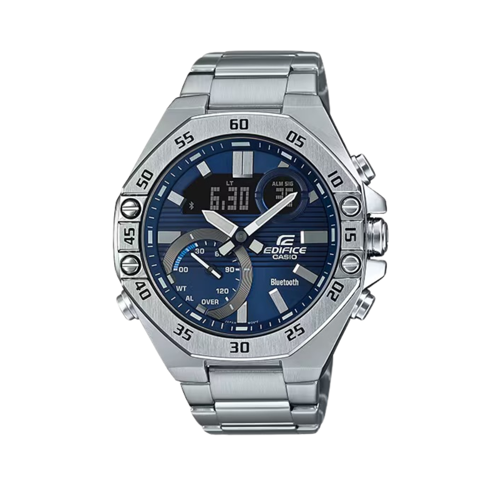 A Casio Edifice ECB-10DB-2A watch with a stainless steel band and a blue analog dial with digital display features.
