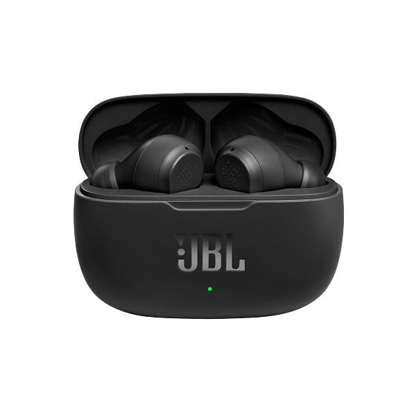 Black JBL wireless earbuds in charging case on a white background