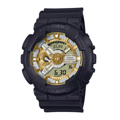 A Casio G-Shock GA-110CD-1A9DR watch with a black band and case, featuring a gold-colored dial and digital display.