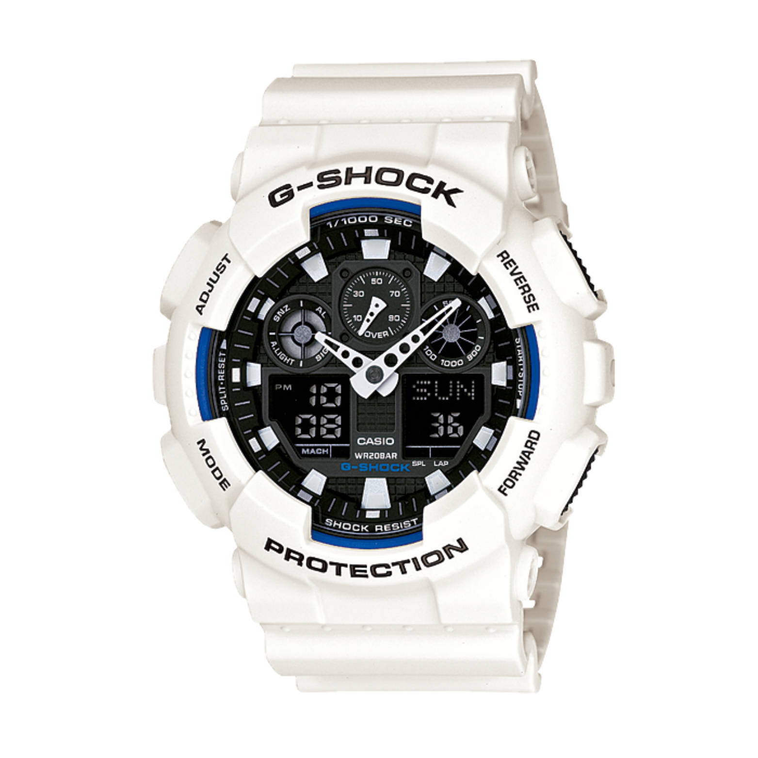 A Casio G-Shock analog-digital watch in white color with blue accents on the dial and a digital display.