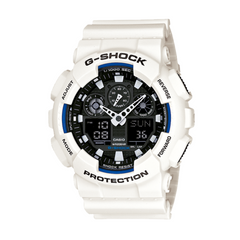 A Casio G-Shock analog-digital watch in white color with blue accents on the dial and a digital display.
