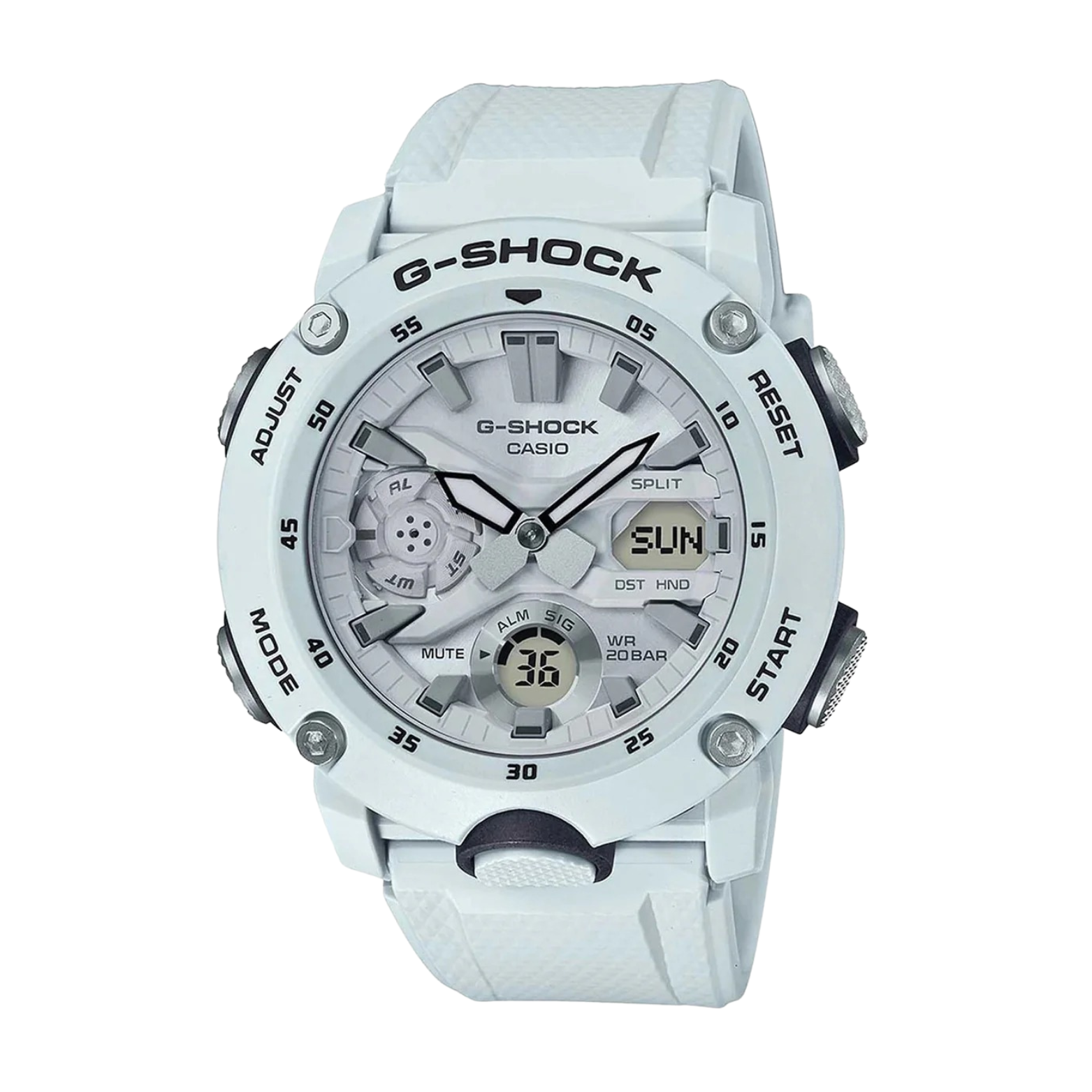A CASIO G-SHOCK watch with a white band and casing, featuring a digital display and analog hands.
