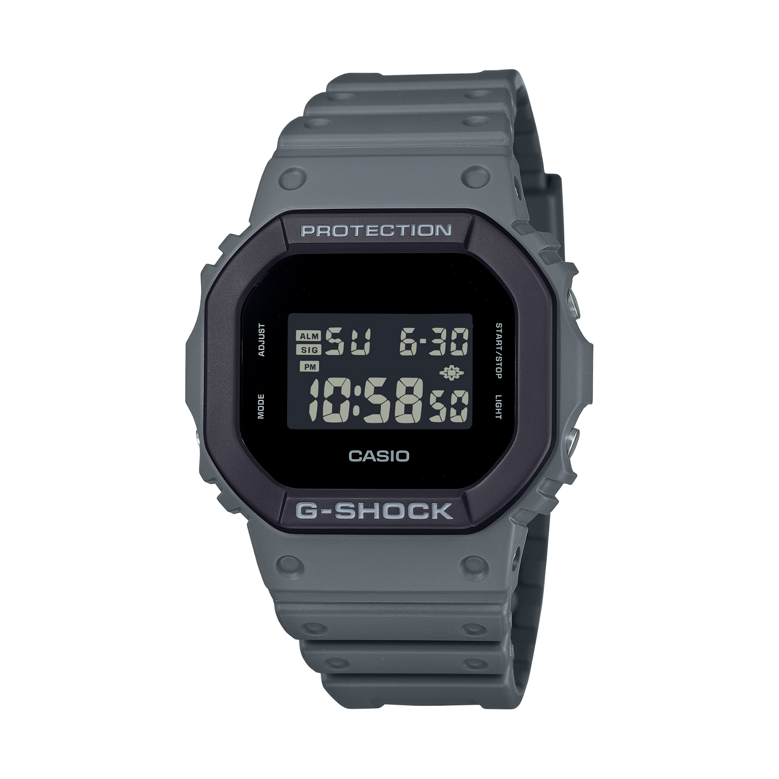 Gray Casio G-Shock digital watch on a white background