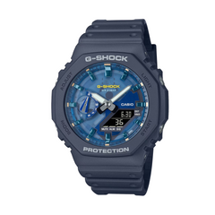 Blue Casio G-Shock watch on a white background