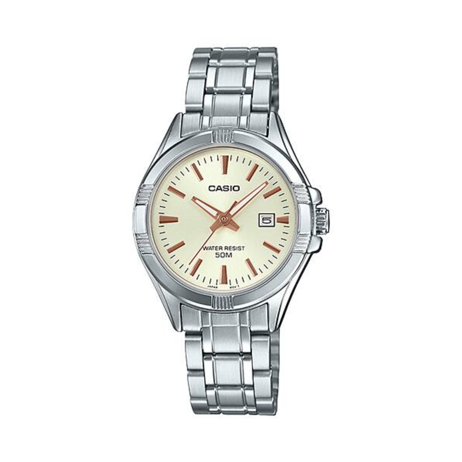 Silver Casio watch with a beige face on a white background