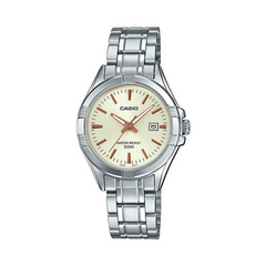Silver Casio watch with a beige face on a white background