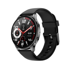Black smartwatch with a detailed display on a white background