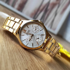 CASIO LTP-V300G-7AUDF Women’s Analog Watch – Gold Stainless Steel, White Dial, Multi-Dial Design, Quartz Movement, Water Resistant, Elegant Classic Watch