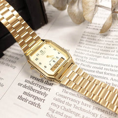 CASIO AQ-230GA-9BMQ Vintage Watch – Classic Analog-Digital, Retro Design with Gold and Black Accents